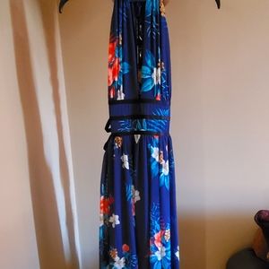 Express, long blue floral dress, with sides cut out